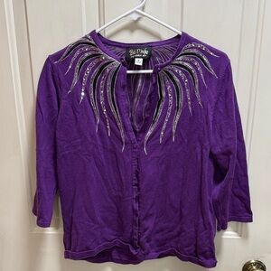 Bob Mackie Wearable Art Purple Cardigan with Silver Beaded Accents size M
